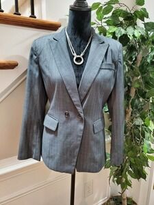 Lisueyne Women Gray Lined Polyester Long Sleeve Single Breasted Fitted Blazer M